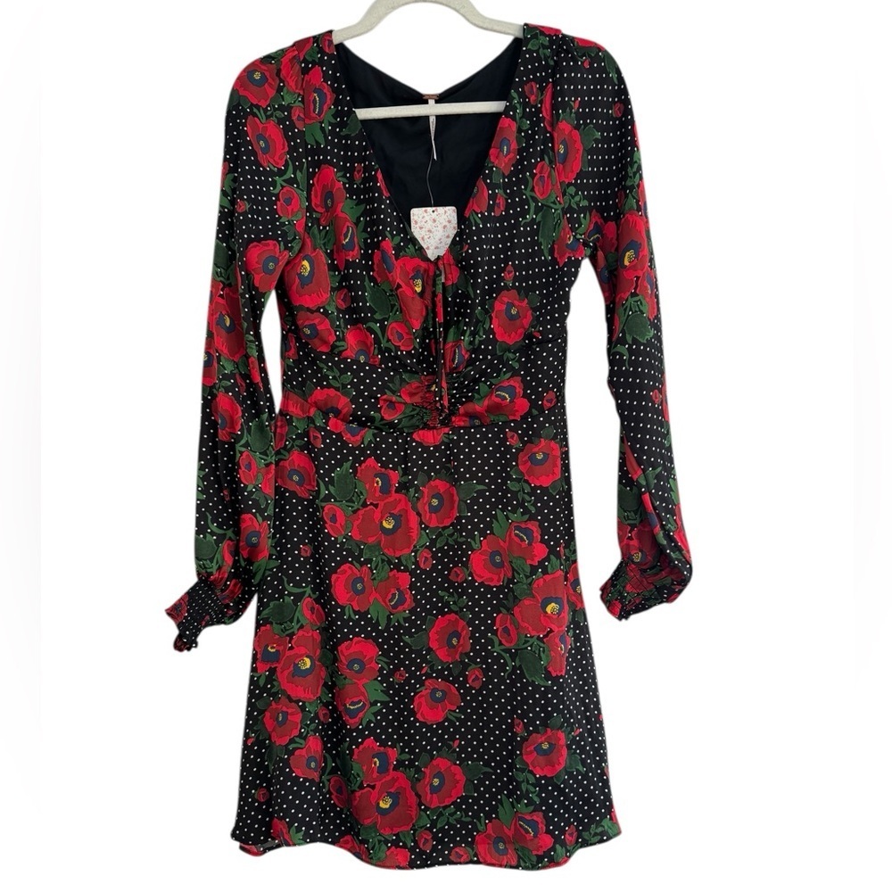 Free People Black and Red Floral Long Sleeve Dress Size 10 NWT